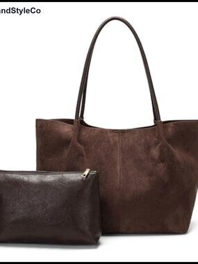 Faux Suede Tote Bag with Leather Purse Women Work Handbag
